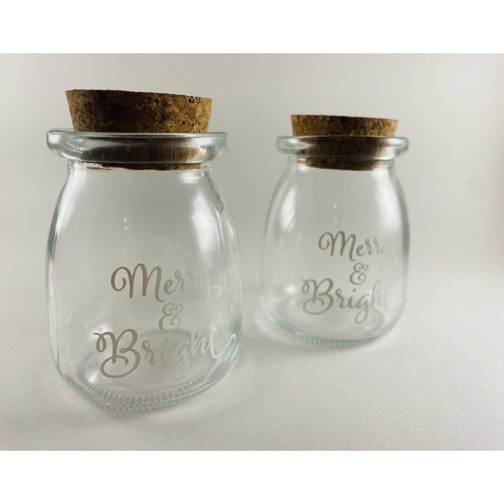Christmas Decor Merry & Bright Glass Jars with Cork Lids Set of 2 Holiday